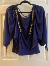 Victorias Secret Top Moda International Backless Blouse Blue Gold Chain NWOT L