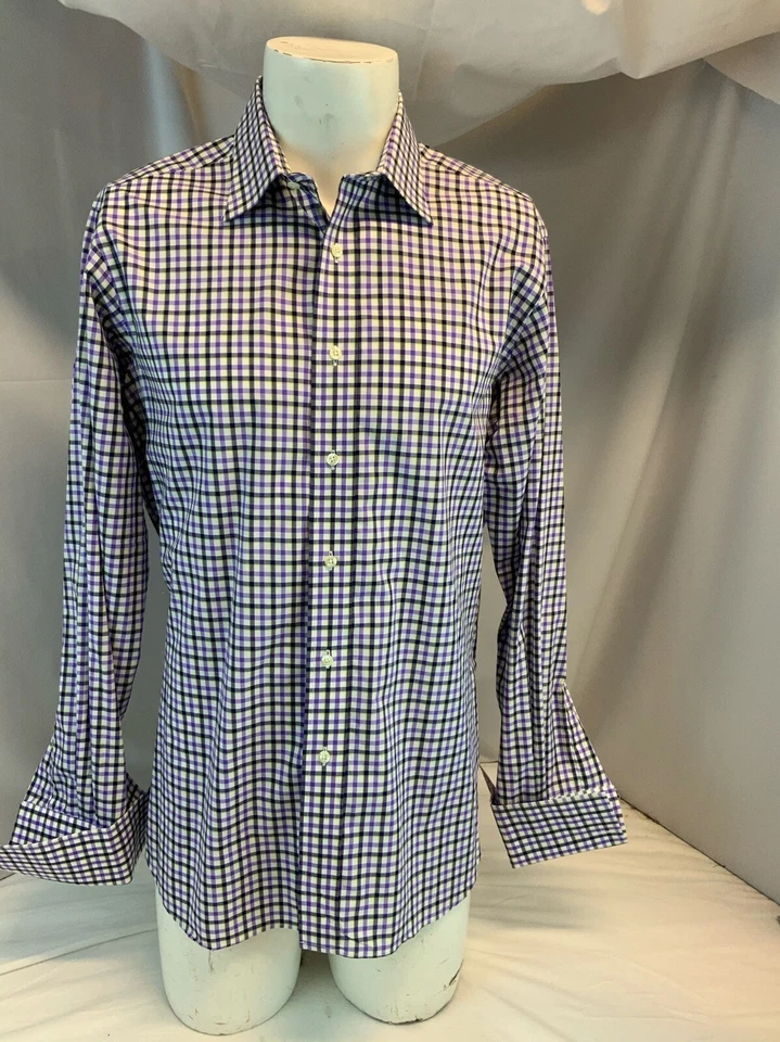 Tom James 皇家经典法国袖口衬衫 16 35 紫色灰色格子 YGI A1-646 — 第 2/4 张图片