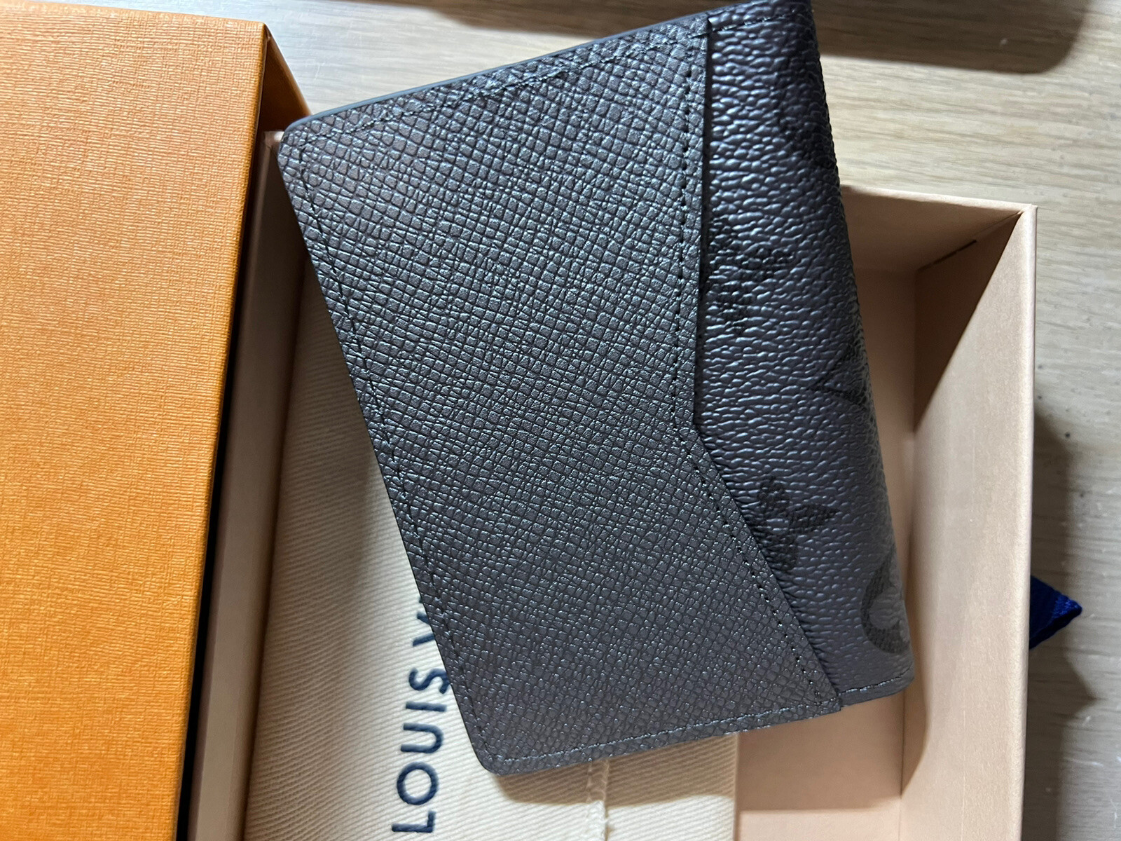 Louis Vuitton Pocket Organizer Wallet Gunmetal Silver Taiga Authentic Brand New s l1600
