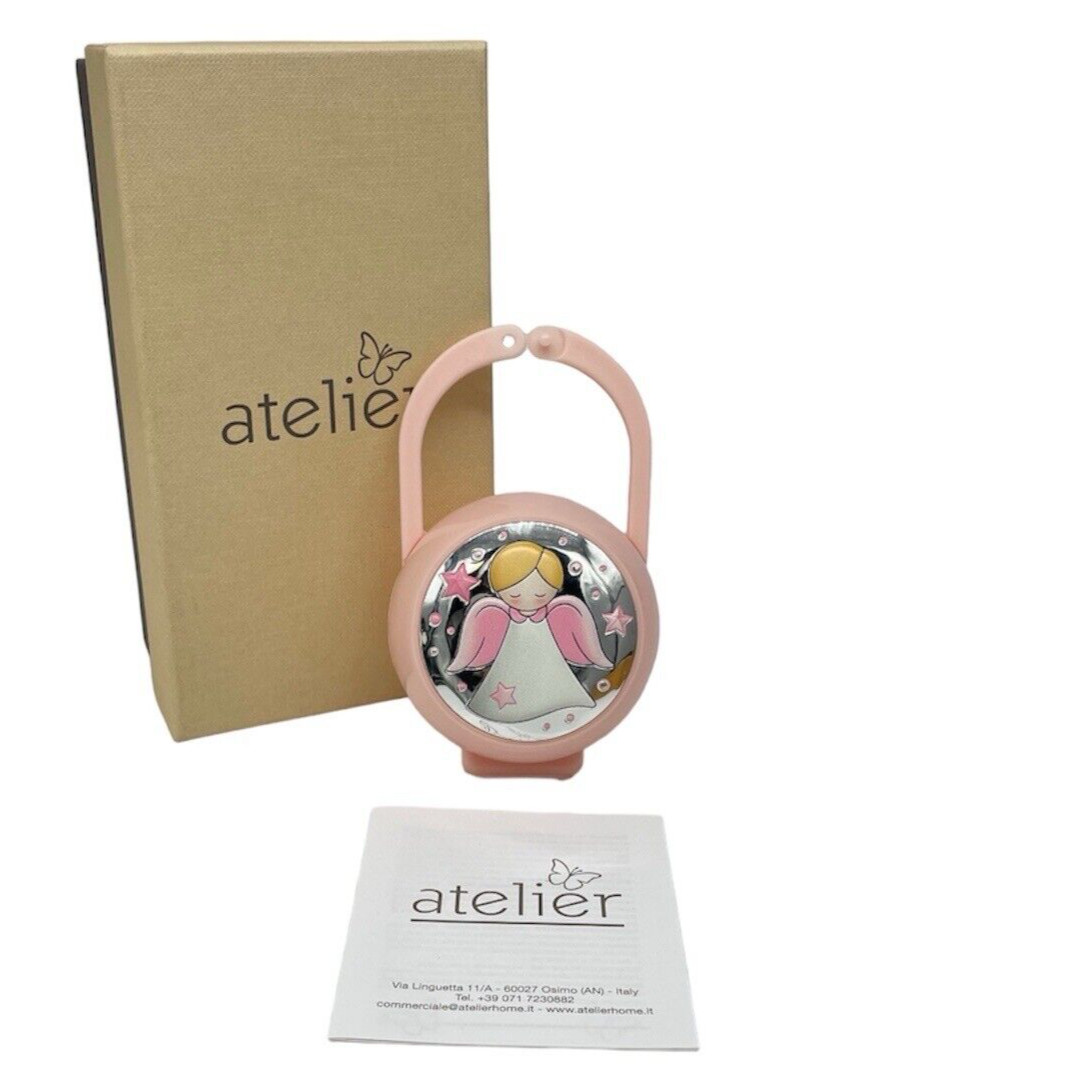 Portachupetes Portapins Bebé Niña Rosa En Plata Hecho En Italia + Paquete Regalo