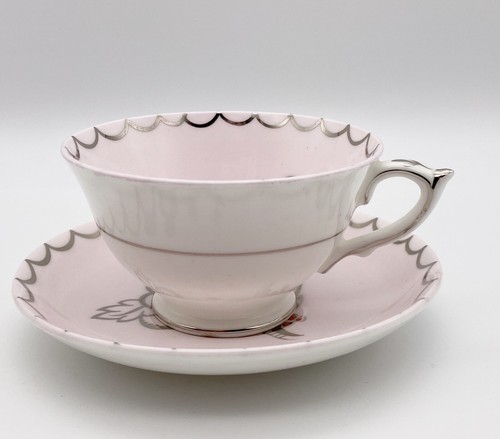 Paragon Abstract Floral Flower Pink Teacup & Saucer White Silver Unusual HTF - Picture 3 of 10