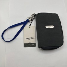 BAGGALLINI - Zip Around Organizer Wallet Wristlet Gray w Blue 13" Wrist Strap