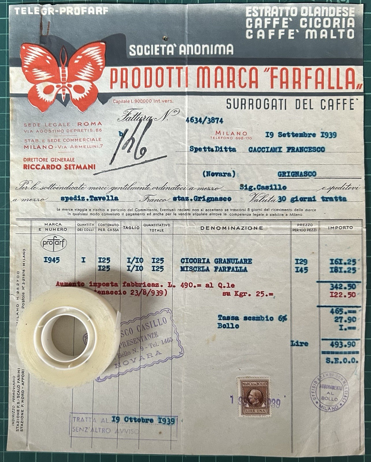 Rara Fattura Caffe’ Cicoria Marca FARFALLA-Milano 1939