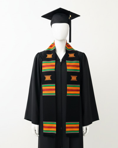 Black Multicolor Kente Stole with Stool Symbols for Graduation Ceremonies