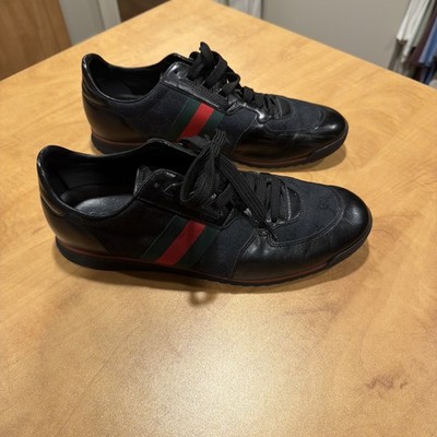 Gucci Shoes Micro Guccissima Black Leather Web Low Top Gucci Sneakers Size 10G