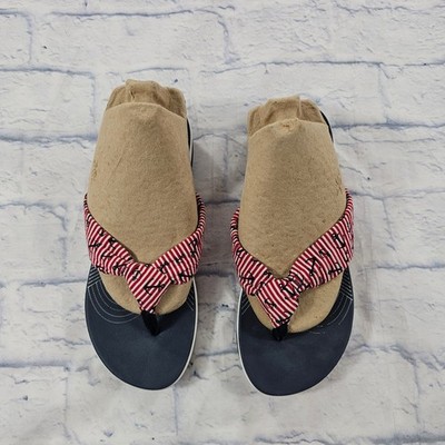Clarks Cloudsteppers Flip Flops Women 8 Navy Red Nautical Anchor Striped Sandals