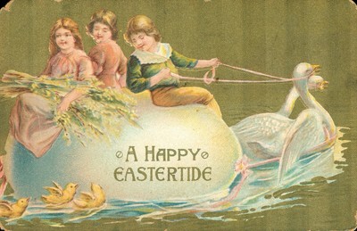 Easter Postcard Antique 1900-1919 Chicks Egg Birds children Embossed Swans. N