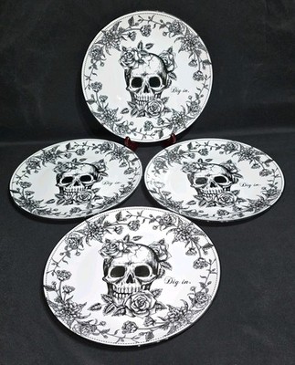 Set of 4 New Dinner Plates 10 Strawberry Street Dig In Skeleton & Roses 10 1/2''