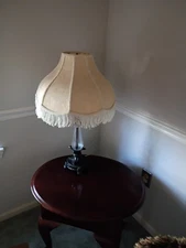  Vtg Art Nouveau Bronze "Berman" Boudoir Vanity Table Lamp SilkFringed Shade 15”