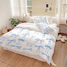 Trendy Blue Bow Duvet Cover Twin Size Dreamy Princess Style Bedding Set Bowkn...