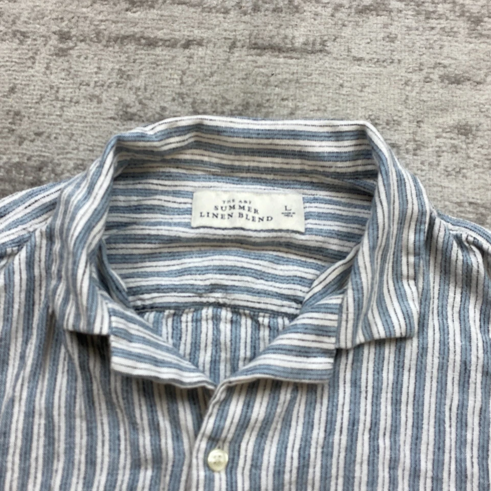Abercrombie & Fitch Summer Linen Shirt Large Blue White Camp Hickory Johnny Mens - Image 2 of 4