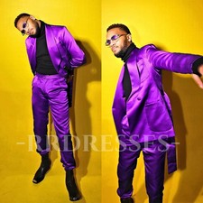 Purple Men's Suit Silk Satin Fashion Party Hosting 2Pcs Casual Jacket Blazer
