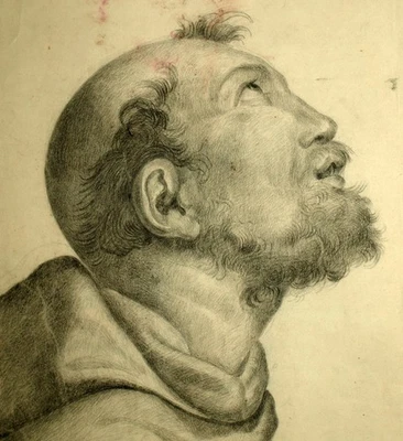 DESSIN ORIGINAL AU CRAYON du 19eme siecle, DESSIN D'UN TÊTE DE MOINE - Photo 1/2