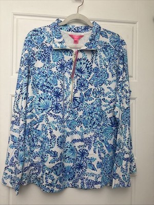 Lilly Pulitzer UPF 50+ Skipper Popover Top Me You Love Me Turquoise Oasis Sz L