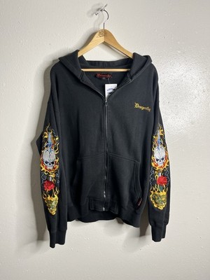 Vintage Y2K Dragonfly Flaming Skull Long Sleeve Zip Up Sweater Mens Large Grunge