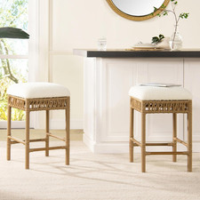 Ivory White Boucle Backless Counter Stools - Set of 2 with Rattan Frame