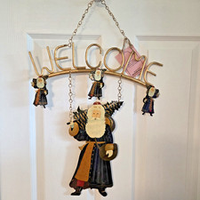 Christmas Metal Welcome Old World Santa Colorful Wrought Iron Door Wall Sign