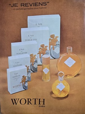  1967 Worth Paris Je Reviens Eau De Toilette Perfume bottles Vintage  ad 