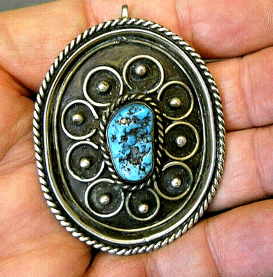 Native American Navajo Kingman Turquoise Nugget Sea Foam Sterling Silver Pendant