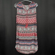 beachlunchlounge Women’s Red Sleeveless Boho Print Tassel Shift Dress Size S