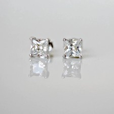 2 Ct Princess Cut Real Moissanite Women's  Stud Earrings 14K White Gold Plated  