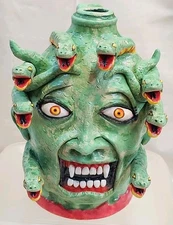 Stacy Lambert Southern Primitive Folk Art Pottery Medusa Face Jug Head of Snakes