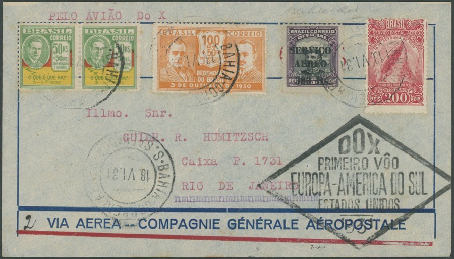 1931, BRAZIL, DORNIER DO-X PIONEER FLIGHT COVER FROM BAHIA TO RIO DE JANEIRO