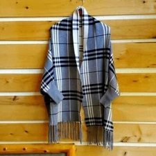 Rain + Rose Black Plaid Fringed Sleeved Sz. L/XL Shawl Cape