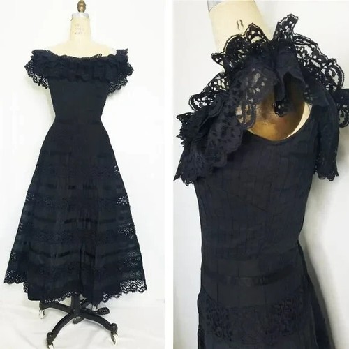 Vtg 60's/70's Mexican Fiesta Off-Shoulder Dress W/Ruffle Ribbon. Small.