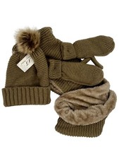 NWT Taupe 3 Piece Faux Fur Lined Pom Pom Beanie Hat Infinity Scarf Mittens Set