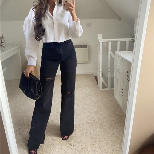 Zara Wide Leg Full Length Ripped Jeans 