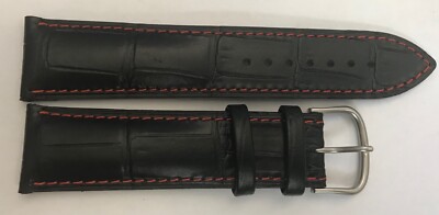 22 mm MIDO Uhrenarmband Echt Leder Krokoprägung schwarz mit roter Naht