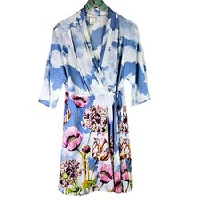 E by Eloise Anthropologie Lightweight Floral Sky Print 100 SILK Wrap Dress, M