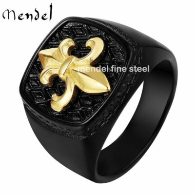 MENDEL Mens Stainless Steel Black Lily Fleur de Lis Ring For Men Size 7 9 10-15