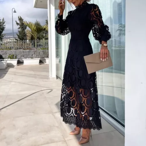 Lady Lace Dress Formal Evening Elegant Maxi with Stand Collar Long Sleeves new - Picture 4 of 11
