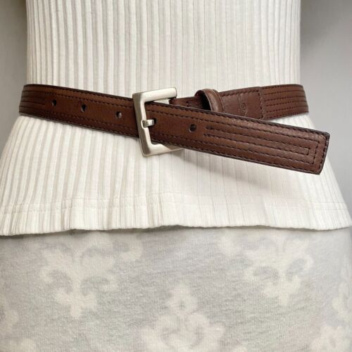 Dockers Belt Small Brown Full Grain Leather And Faux Multi Linear Stitch Detail - Picture 1 of 11