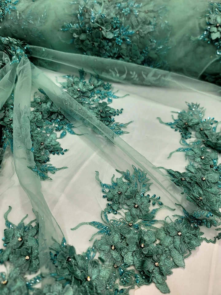 Fabric Sold by The Mint Beaded 3d Lace Embroidery Floral Flowers Scallops Dress - Image 4 of 4