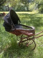 Antique Girl's Victoria Carriage Buggy Stroller Baby Doll Wicker Wood  Canvas