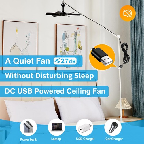 17.7" Inch Small Portable Ceiling Fan, USB Plug In, 5V DC Powered, 6 Blades, ... - Picture 2 of 6