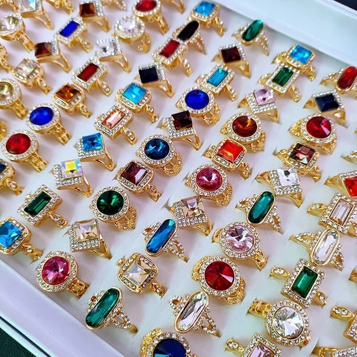 Wholesale 50pcs KC gold  Alloy Colorful Gemstone rings Women Party Gift Jewerly - product listing photo
