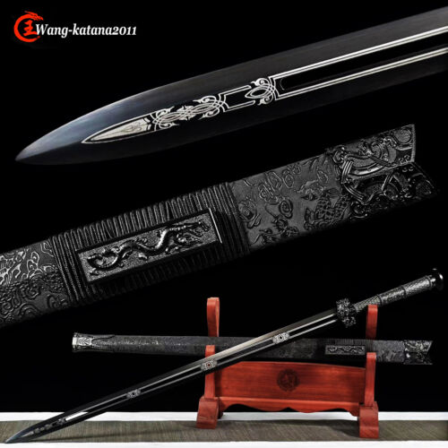 43''Black Dragon Chinese Han Dynasty Jian 1095 Steel Double Edge Straight Sword - Afbeelding 1 van 10