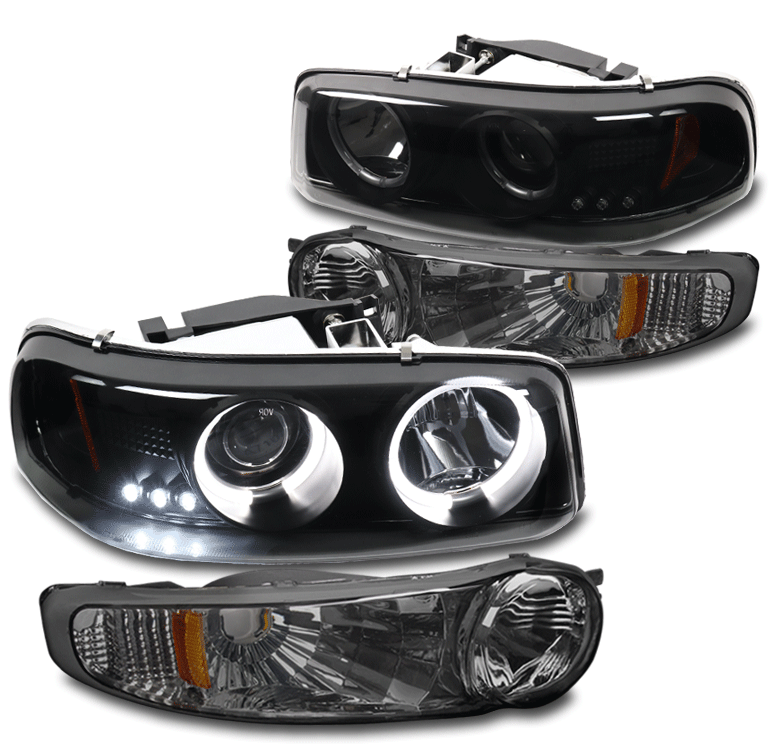 For 00-06 GMC Yukon Denali LED Halo Projector Black/Smoke Headlight +Bumper Lamp