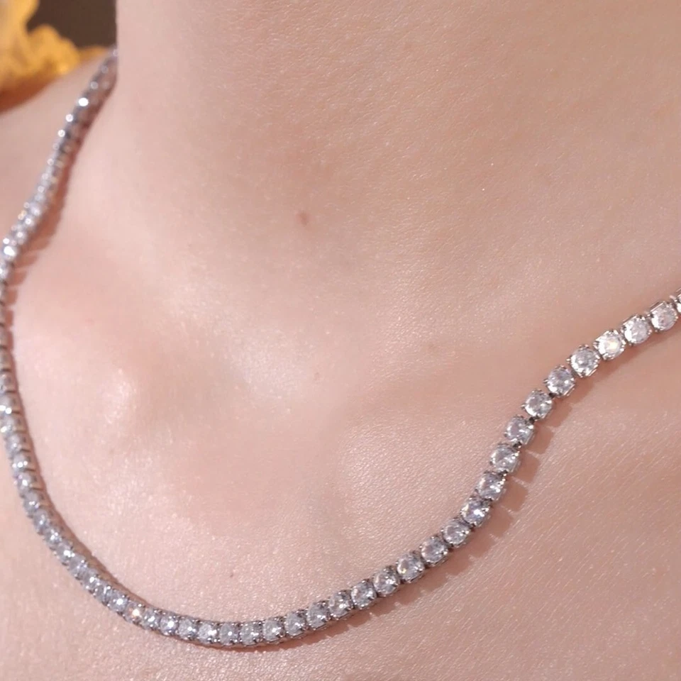 18k white gold gf silver cz cubic zirconia round cut tennis necklace 42 to 47 cm Foto 2 de 4