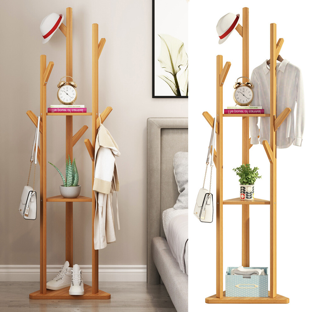 Solid Wood Coat Rack Stand Floor Standing Hall Tree Clothes Rail