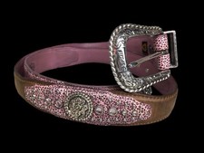 Ariat Women's Pink Leather Belt 34 Silver Etched Buckle Rhinestone Rodeo Cowgirl