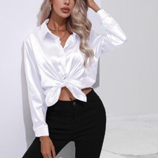 Womens Satin Silk Solid Shirt Ladies Casual Loose Button-up OL Work Blouse Tops