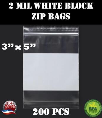 200 3''x 5'' Zip Seal Reclosable 2Mil Plastic Top Lock Bags White Block Jewelry
