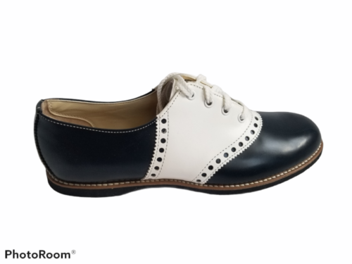 Scarpe da sella vintage scuola in pelle blu navy/bianche USA da donna taglie 11,5 o 12 - Foto 12 di 15