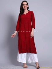 Maroon Muslin Chikankari Straight Kurta Lucknowi Chikan Handmade Kurti for Women