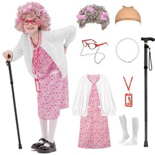 Aimeiar Kids 100 Days of School Costume for Girls,Halloween Old Lady Costume wig